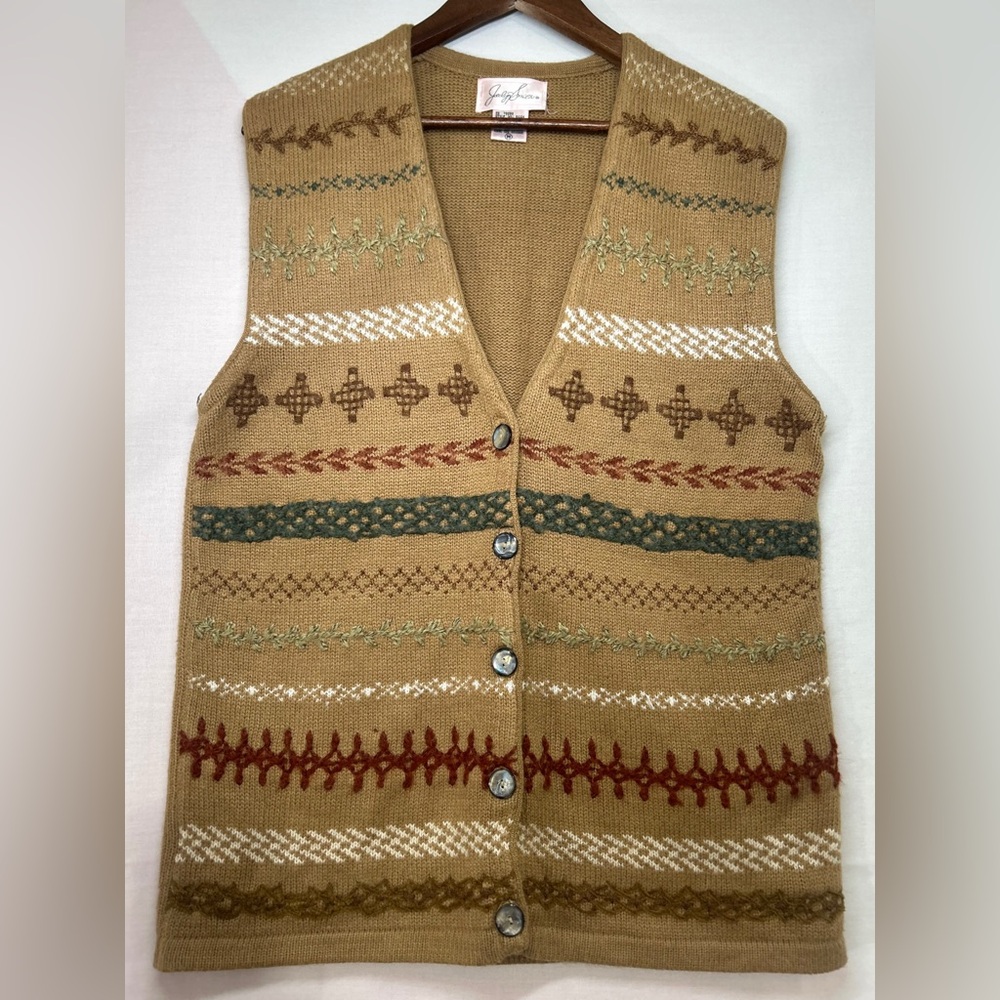 VINTAGE Jaclyn Smith Wool Blend Tan Embroidered Button-Up Knit Sweater Vest sMed - Picture 5 of 8